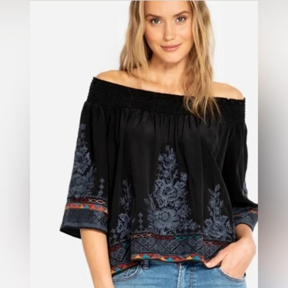 Johnny Was Womens Size Small Black Tahndi Silk Embroidered Off Shoulder Top